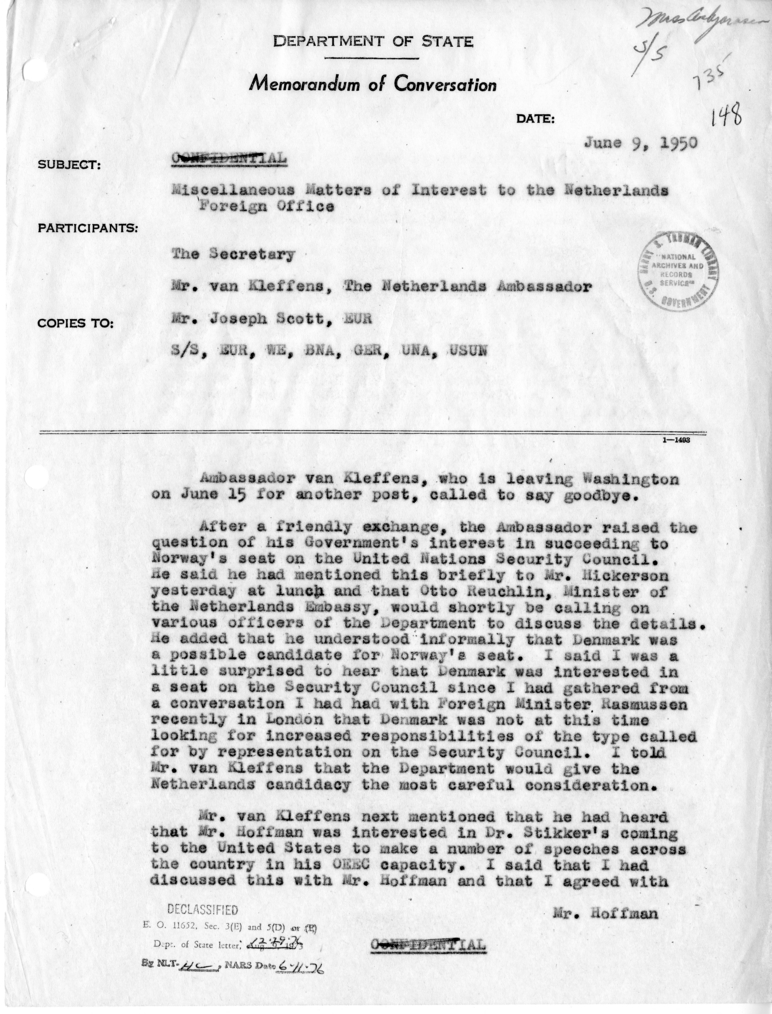 Memorandum of Conversation with the Ambassador of the Netherlands and Joseph W. Scott