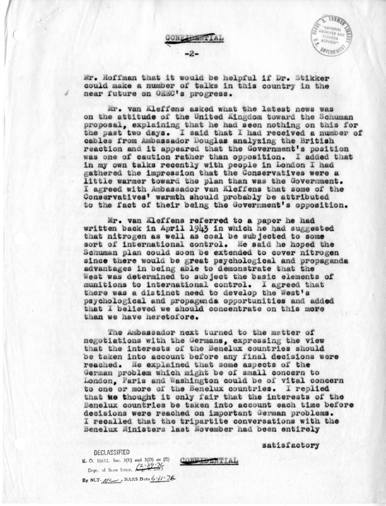 Memorandum of Conversation with the Ambassador of the Netherlands and Joseph W. Scott
