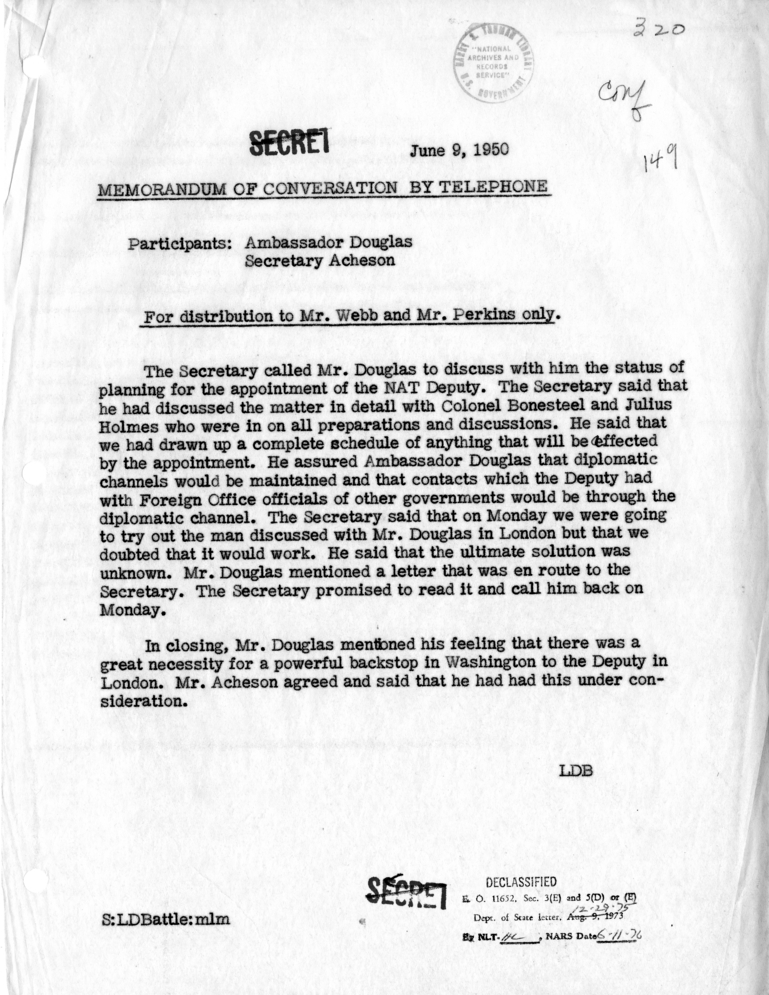 Memorandum of Telephone Conversation with Ambassador Lewis Douglas