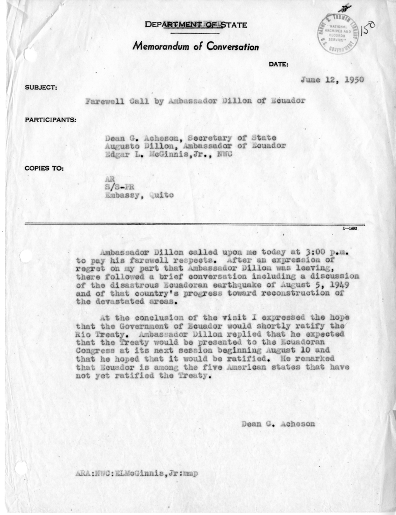 Memorandum of Conversation with Augusto Dillon, Ambassador of Ecuador, and Edgar L. McGinnis, Jr.