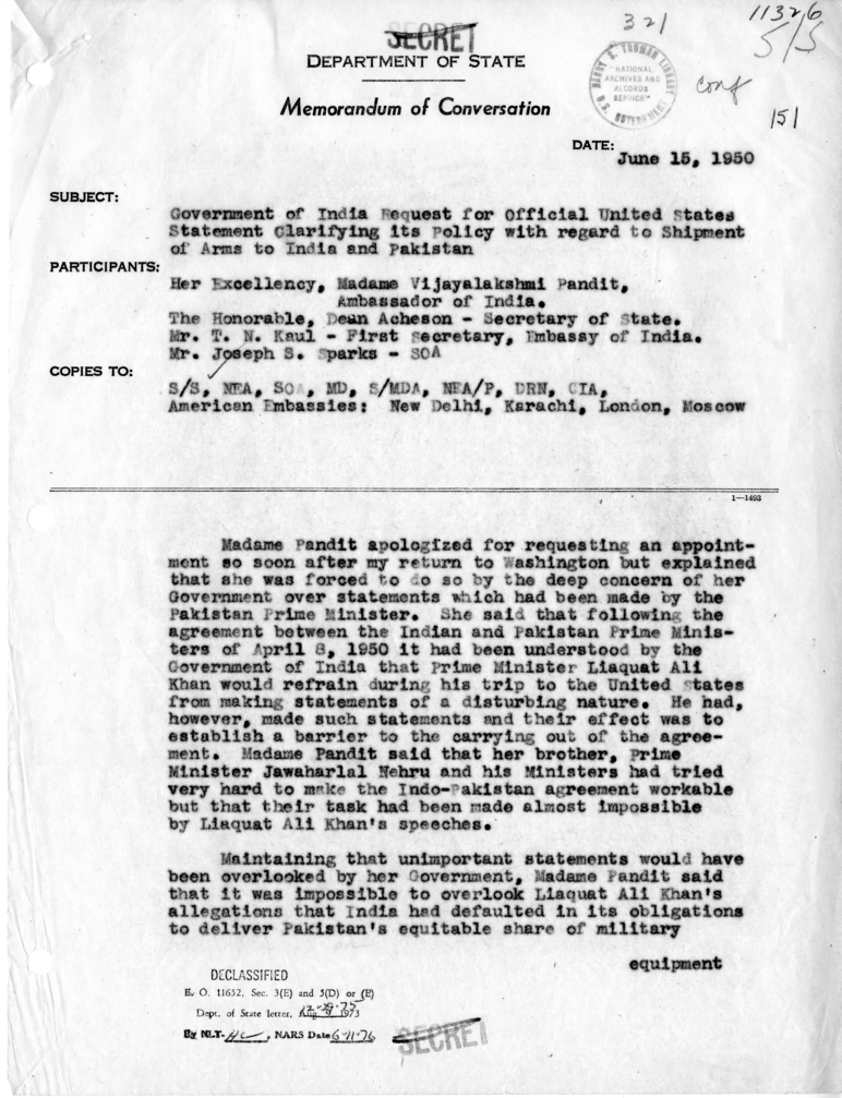 Memorandum of Conversation with Ambassador Vijaya Lakshmi Pandit of India, First Secretary T. N. Kaul of the Embassy of India, and Joseph S. Sparks