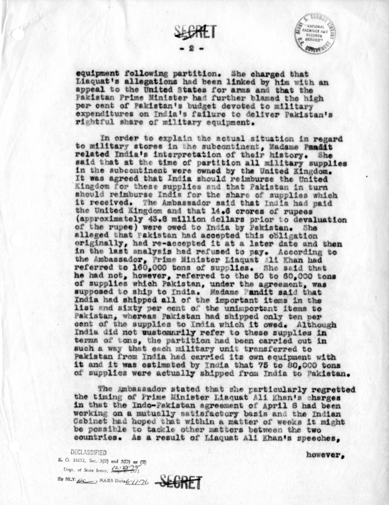 Memorandum of Conversation with Ambassador Vijaya Lakshmi Pandit of India, First Secretary T. N. Kaul of the Embassy of India, and Joseph S. Sparks