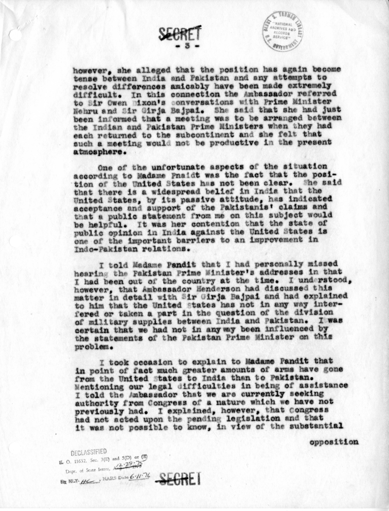 Memorandum of Conversation with Ambassador Vijaya Lakshmi Pandit of India, First Secretary T. N. Kaul of the Embassy of India, and Joseph S. Sparks