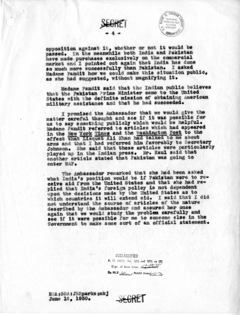 Memorandum of Conversation with Ambassador Vijaya Lakshmi Pandit of India, First Secretary T. N. Kaul of the Embassy of India, and Joseph S. Sparks