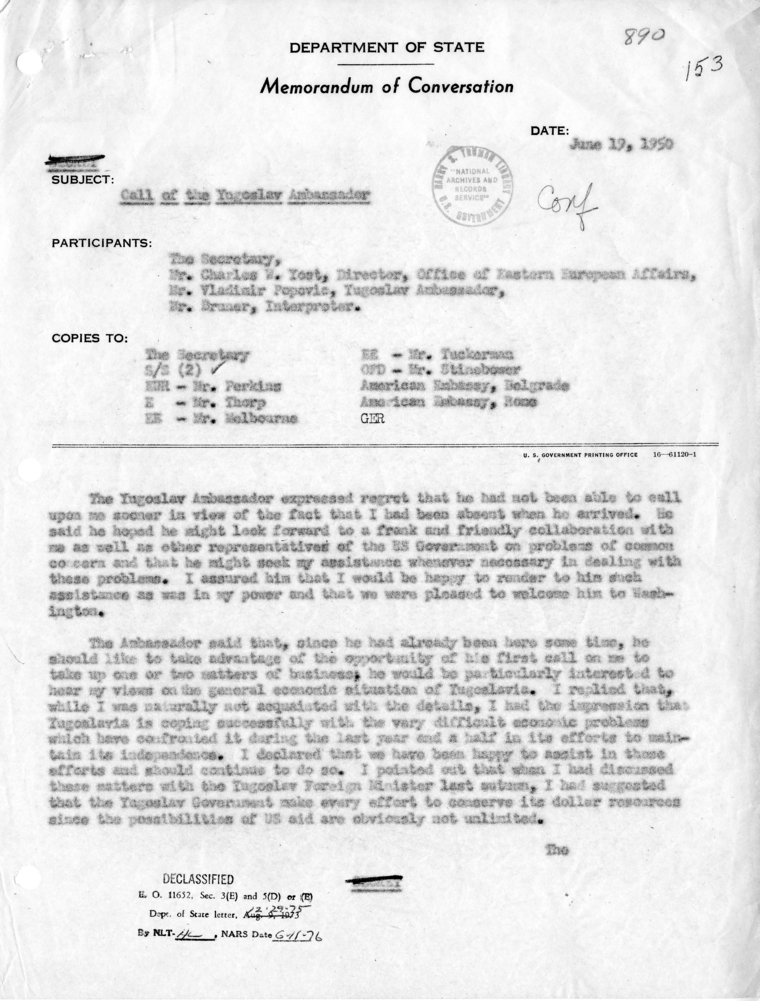 Memorandum of Conversation with the Ambassador of Yugoslavia, Vladimir Popovic, and Charles W. Yost