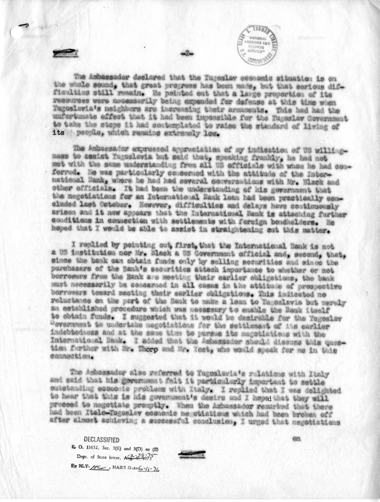 Memorandum of Conversation with the Ambassador of Yugoslavia, Vladimir Popovic, and Charles W. Yost