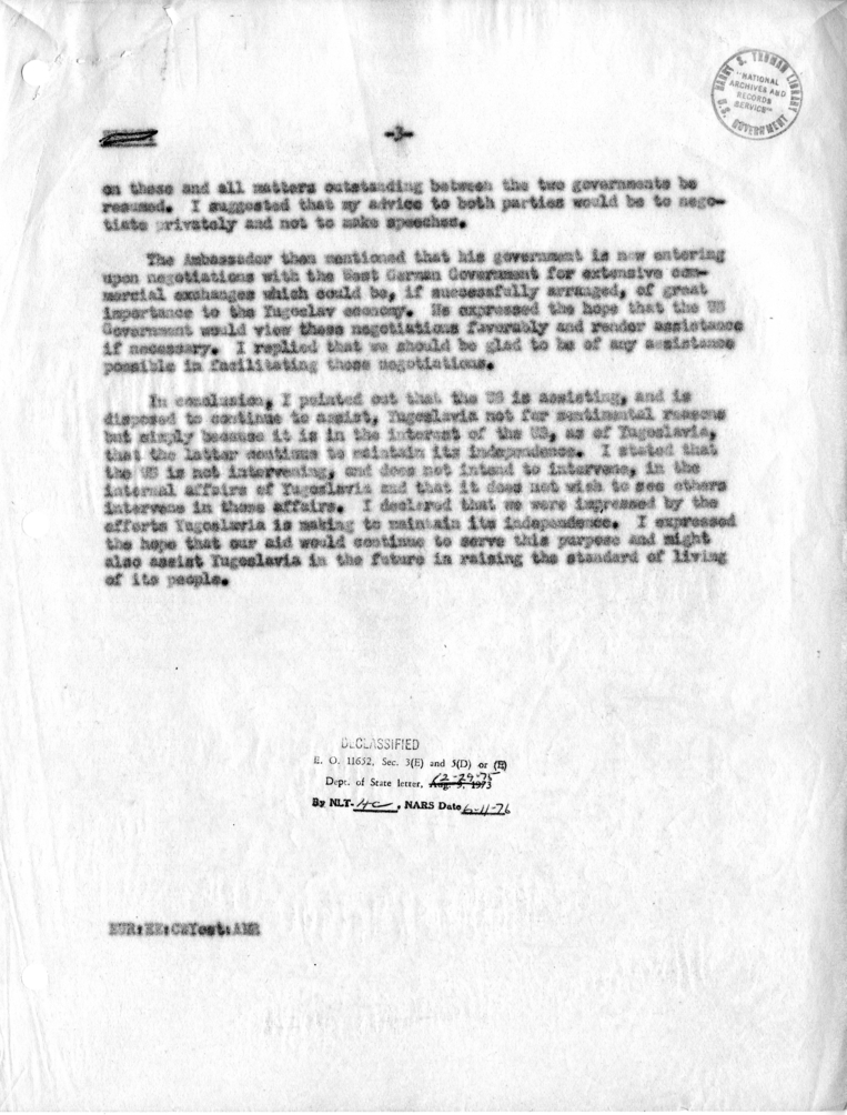 Memorandum of Conversation with the Ambassador of Yugoslavia, Vladimir Popovic, and Charles W. Yost
