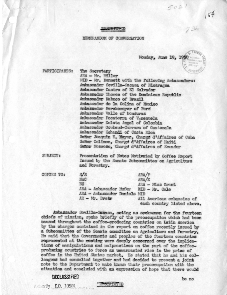 Memorandum of Conversation with Edward G. Miller, W. Tapley Bennett, Jr., and the Ambassadors of Nicaragua, El Salvador, the Dominican Republic, Brazil, Mexico, Peru, Honduras, Venezuela, Colombia, Guatemala, and Costa Rica, and the Charge D'Affaires of C