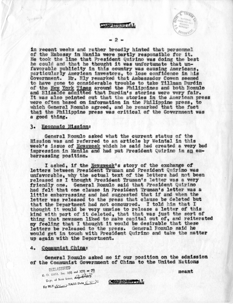 Memorandum of Conversation with Carlos Romulo, Secretary of Foreign Affairs of the Philippines; Ambassador Joaquin Elizalde of the Philippines; and Richard R. Ely