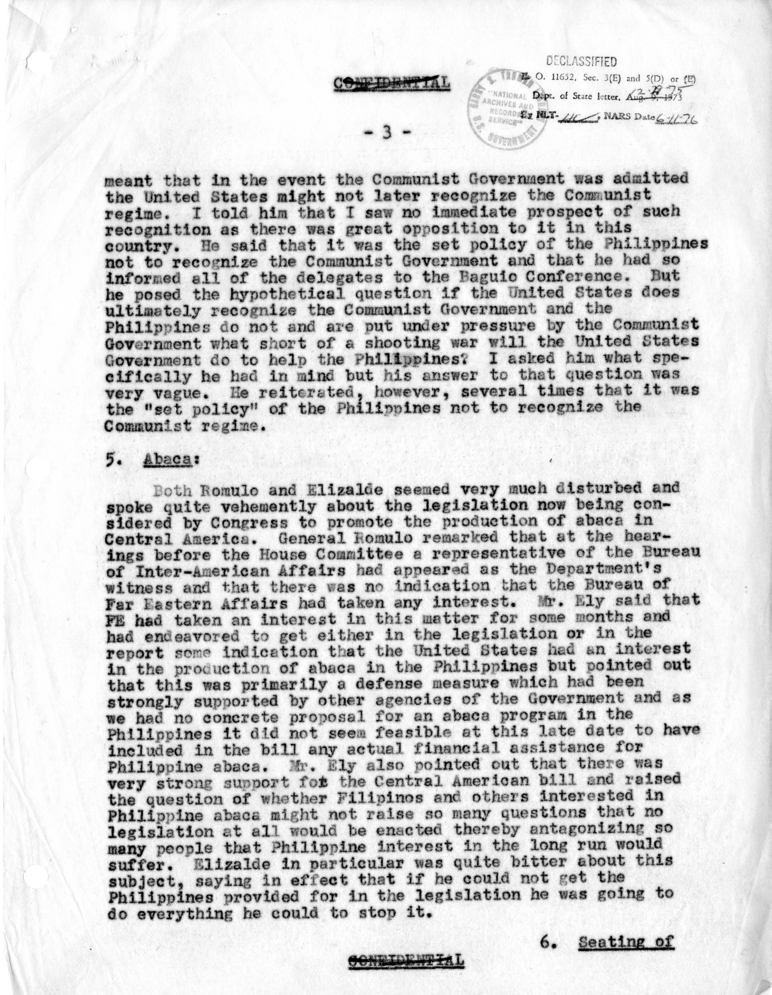 Memorandum of Conversation with Carlos Romulo, Secretary of Foreign Affairs of the Philippines; Ambassador Joaquin Elizalde of the Philippines; and Richard R. Ely