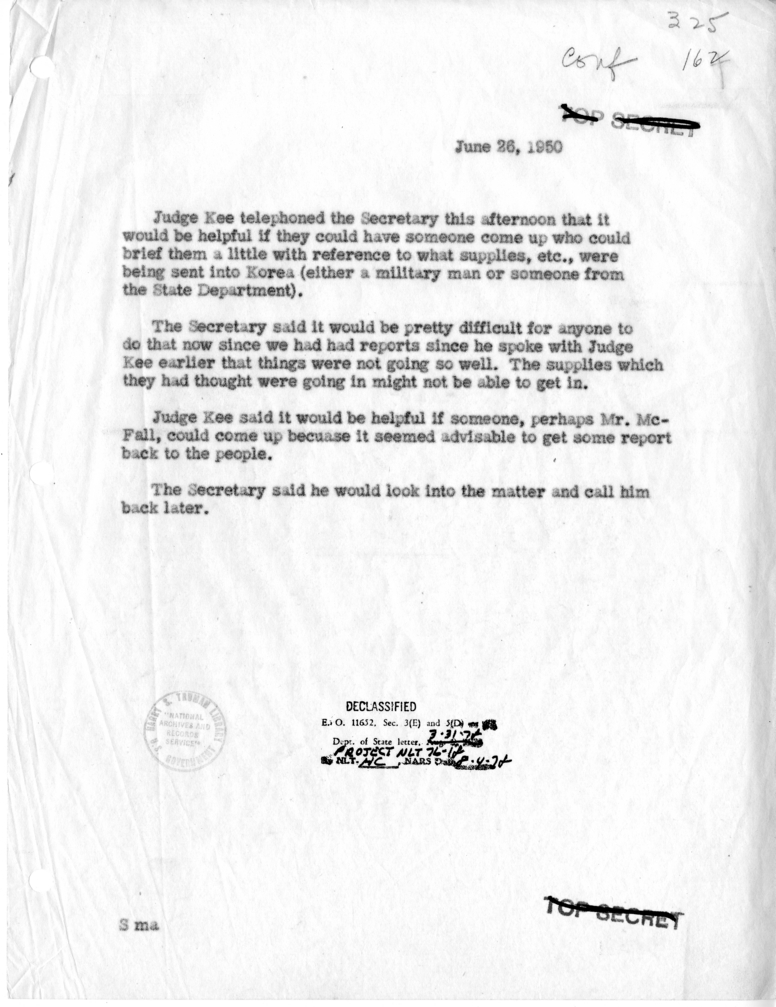 Memorandum of Telephone Conversation with Congressman John Kee