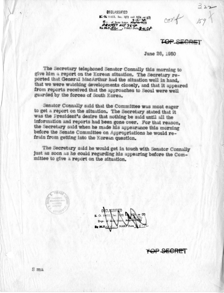 Memorandum of Telephone Conversation with Senator Tom Connally