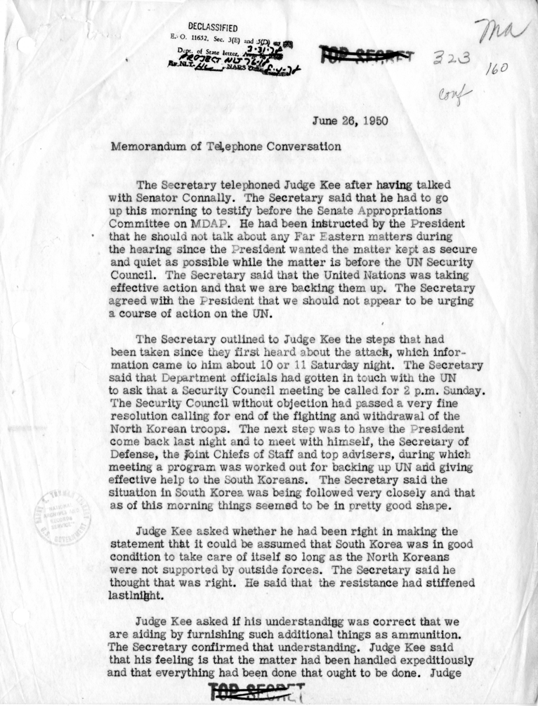 Memorandum of Telephone Conversation with Judge John Kee