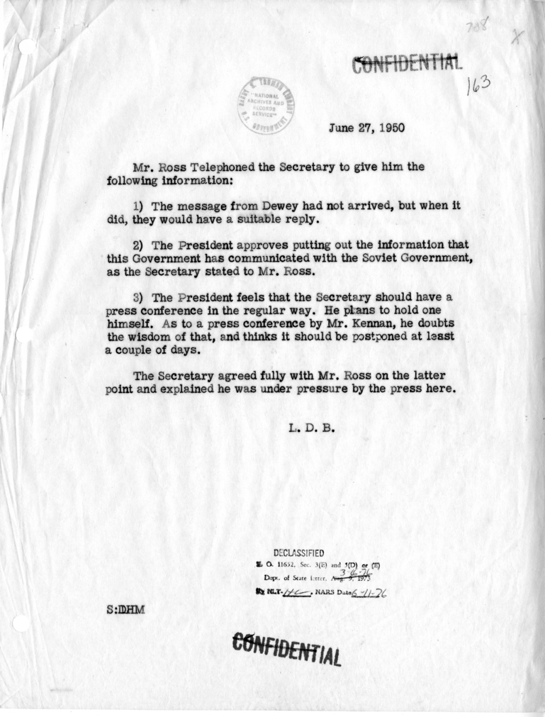 Memorandum of Telephone Conversation with Press Secretary Charles Ross