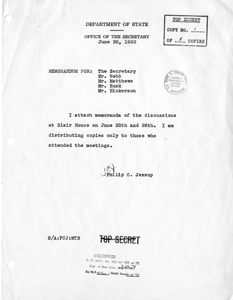 Memorandum from Philip Jessup to Dean Acheson, James Webb, H. Freeman Matthews, Dean Rusk and John Hickerson