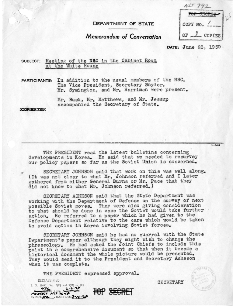 Memorandum of Conversation of National Security Council Meeting