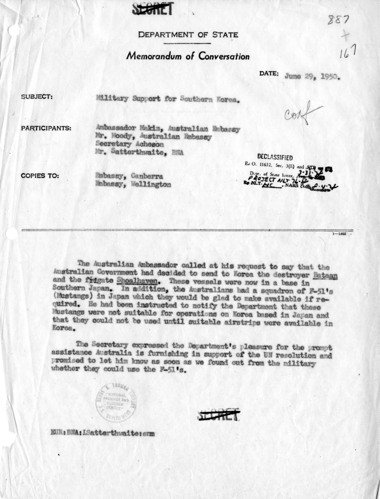 Memorandum of Conversation with the Ambassador of Australia, Norman Makin, Mr. Moody of the Embassy of Australia, and Livingston Satterthwaite