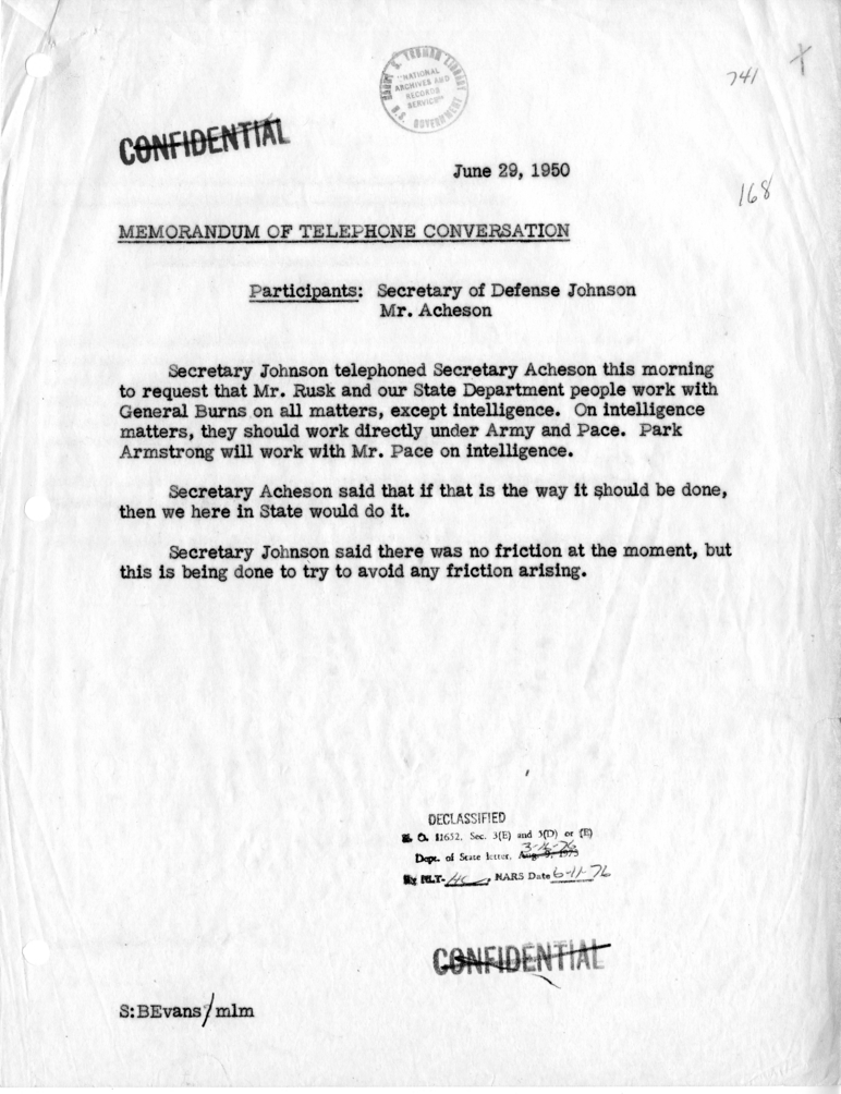 Memorandum of Telephone Conversation with Secretary of Defense Louis Johnson