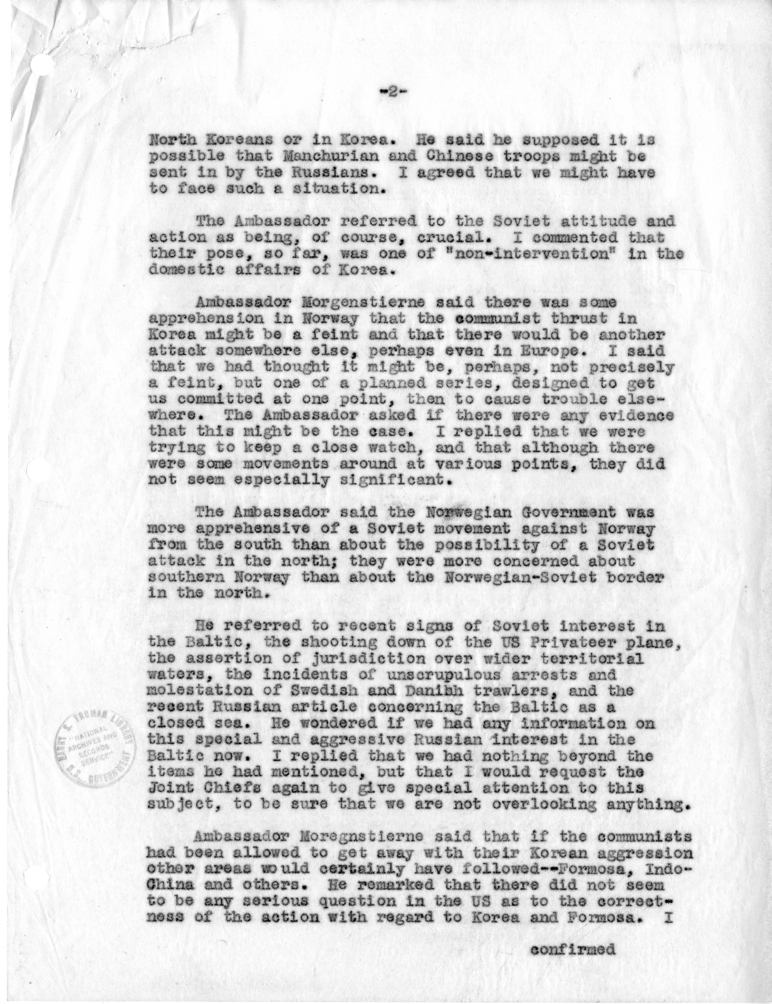 Memorandum of Conversation with Wilhelm Munthe de Morgenstierne, Ambassador of Norway, and Casper D. Green