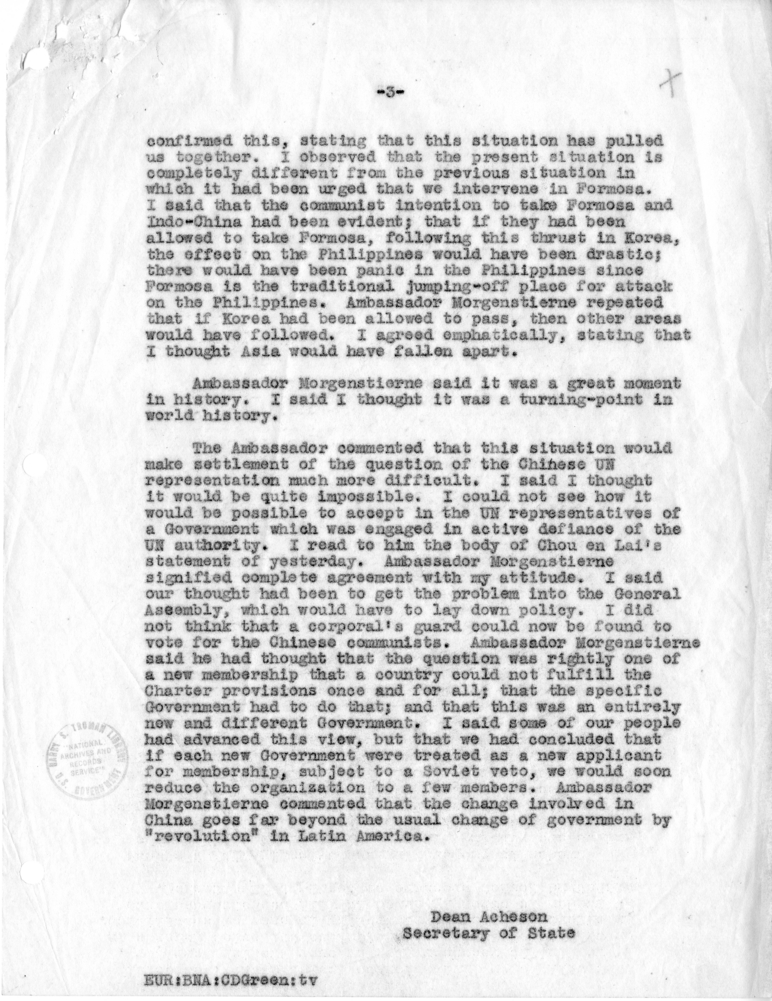 Memorandum of Conversation with Wilhelm Munthe de Morgenstierne, Ambassador of Norway, and Casper D. Green