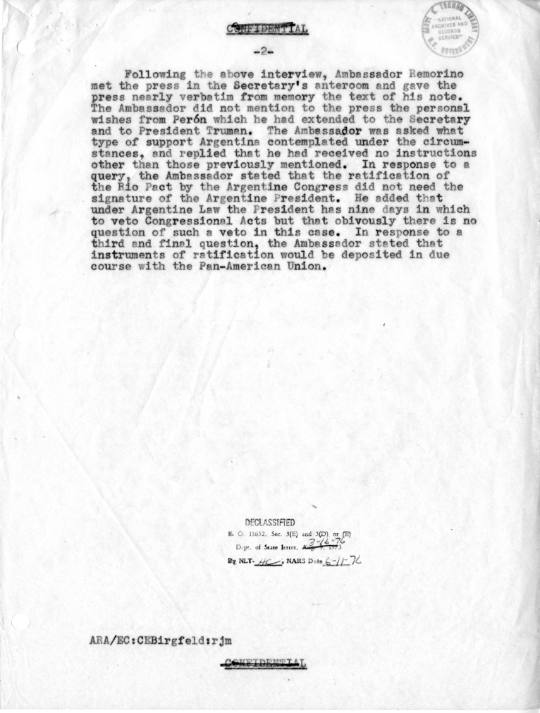 Memorandum of Conversation with the Ambassador of Argentina, Jeronimo Remorino; Counselor at the Embassy of Argentina, Ruben Dussaut; Willard F. Barber and Clarence E. Birgfeld