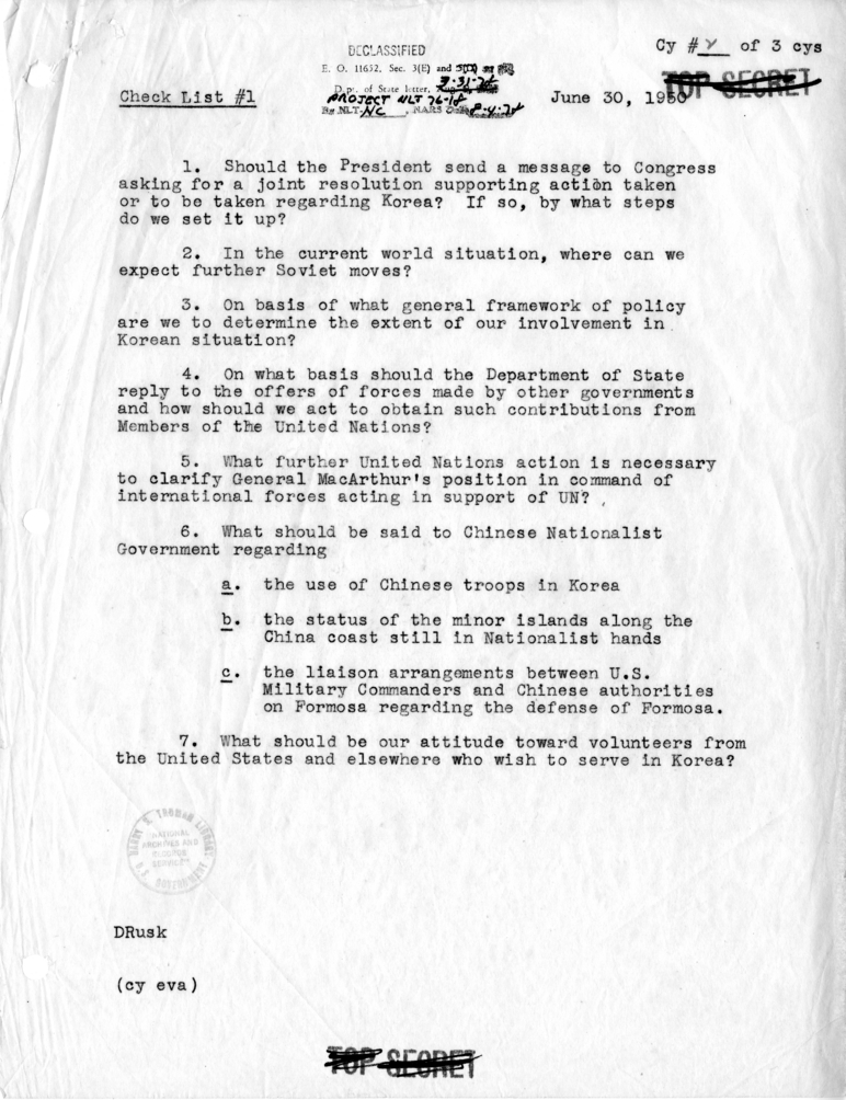 Memorandum "Check List #1, Questions Regarding Korea"