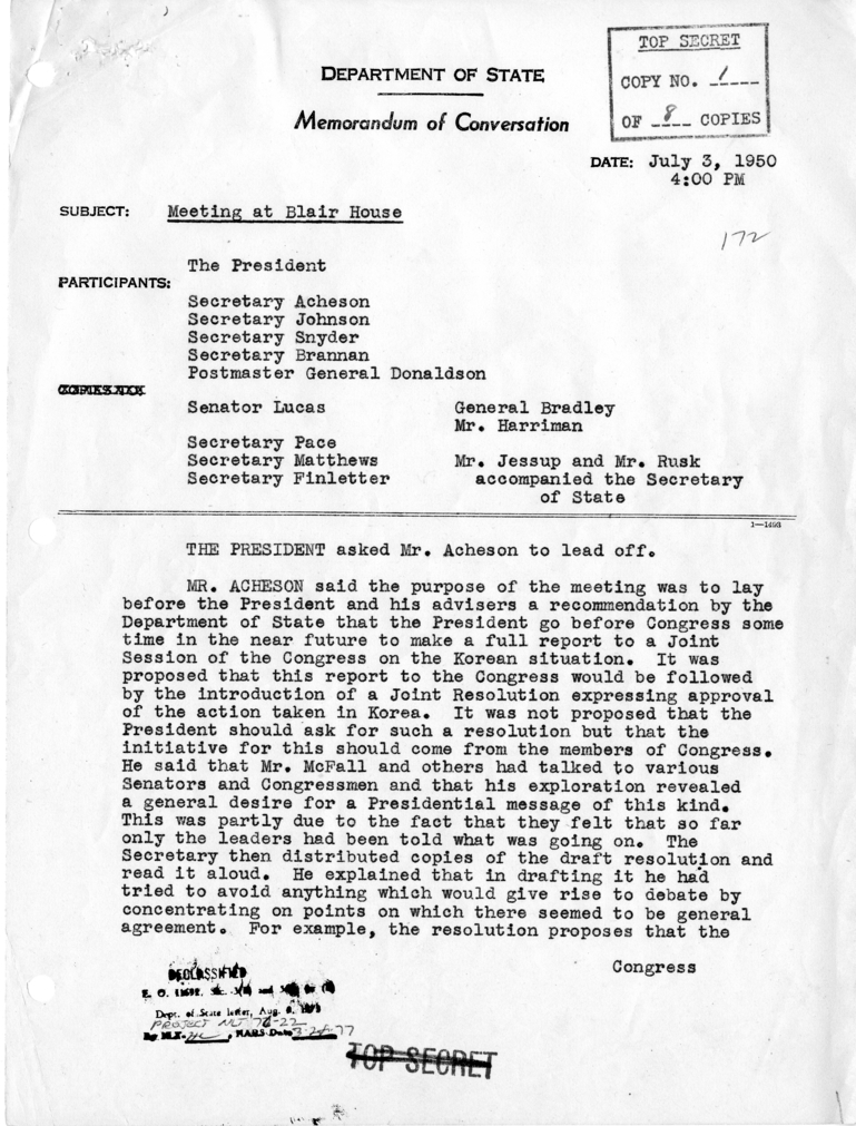 Memorandum of Conversation with President Harry S. Truman, Secretary of Defense Louis Johnson, Secretary of the Treasury John Snyder, Secretary of Agriculture Charles Brannan, Postmaster General Jesse Donaldson, Senator Scott Lucas, Secretary of the Army 