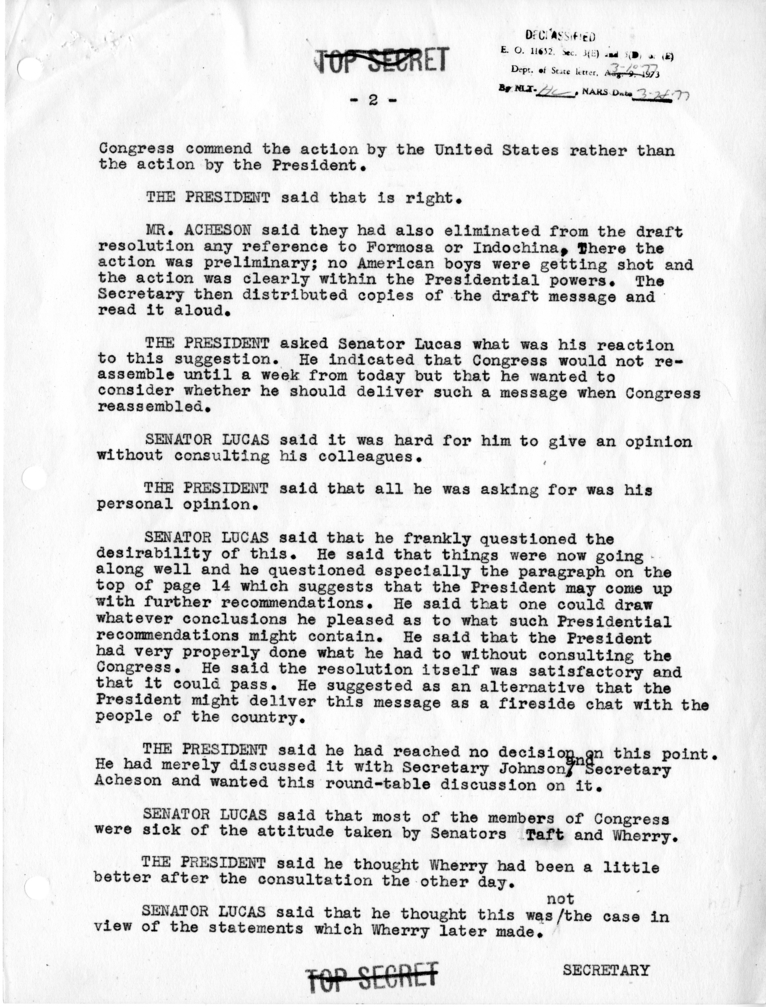 Memorandum of Conversation with President Harry S. Truman, Secretary of Defense Louis Johnson, Secretary of the Treasury John Snyder, Secretary of Agriculture Charles Brannan, Postmaster General Jesse Donaldson, Senator Scott Lucas, Secretary of the Army 