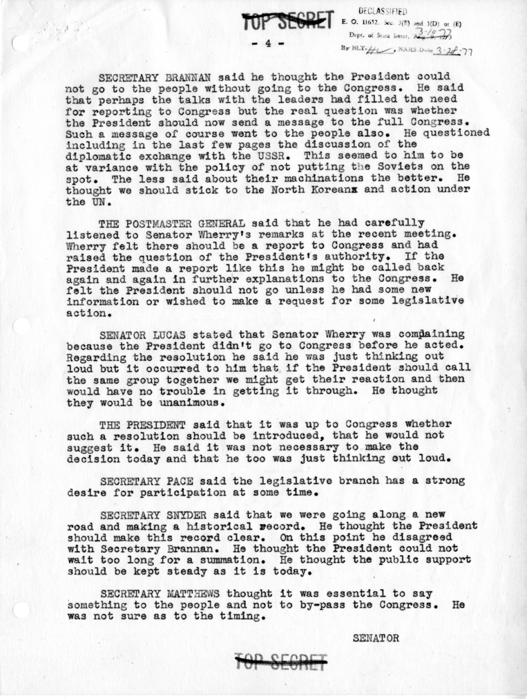 Memorandum of Conversation with President Harry S. Truman, Secretary of Defense Louis Johnson, Secretary of the Treasury John Snyder, Secretary of Agriculture Charles Brannan, Postmaster General Jesse Donaldson, Senator Scott Lucas, Secretary of the Army 