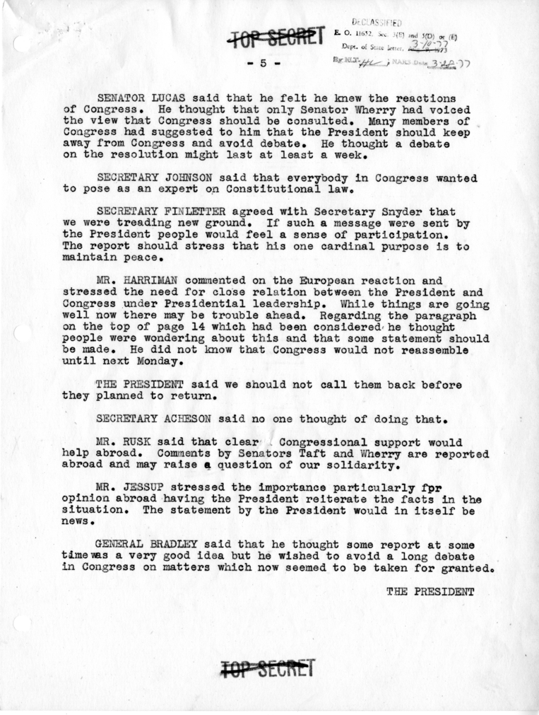 Memorandum of Conversation with President Harry S. Truman, Secretary of Defense Louis Johnson, Secretary of the Treasury John Snyder, Secretary of Agriculture Charles Brannan, Postmaster General Jesse Donaldson, Senator Scott Lucas, Secretary of the Army 