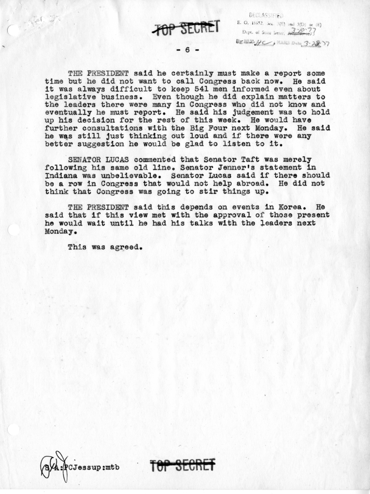 Memorandum of Conversation with President Harry S. Truman, Secretary of Defense Louis Johnson, Secretary of the Treasury John Snyder, Secretary of Agriculture Charles Brannan, Postmaster General Jesse Donaldson, Senator Scott Lucas, Secretary of the Army 