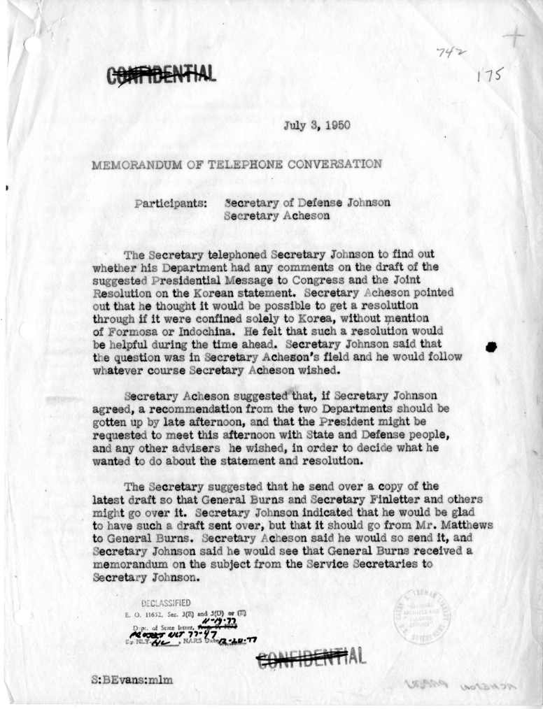 Memorandum of Telephone Conversation with Secretary of Defense Louis Johnson