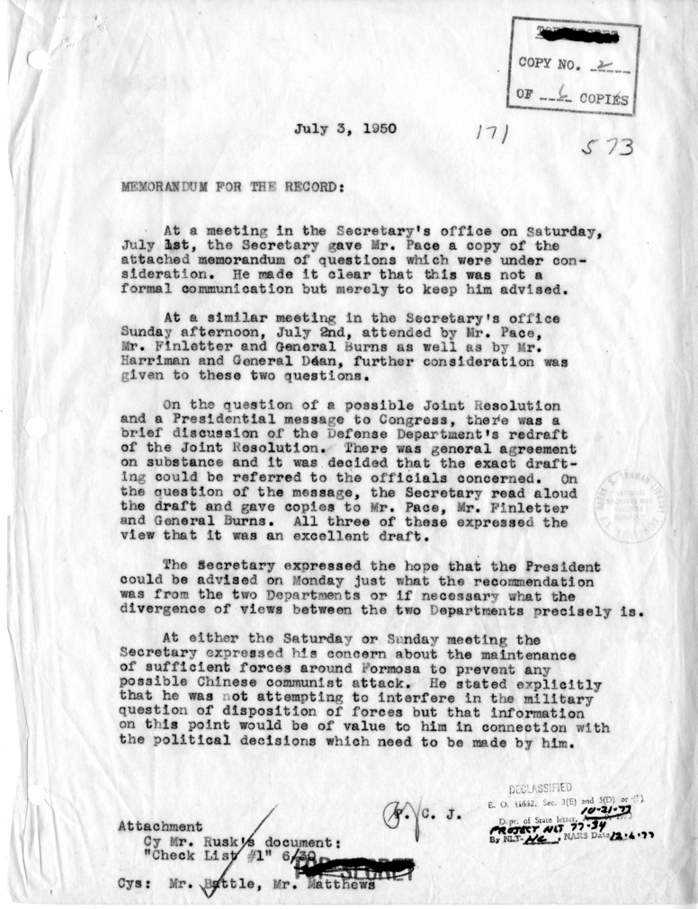 Memorandum for the Record of a Meeting with Secretary of the Army Pace, Secretary of the Air Force Thomas Finletter, Major General James H. Burns, W. Averell Harriman, and Major General William F. Dean