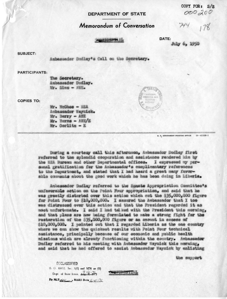 Memorandum of Conversation with United States Ambassador to Liberia, Edward R. Dudley and Mr. Sims