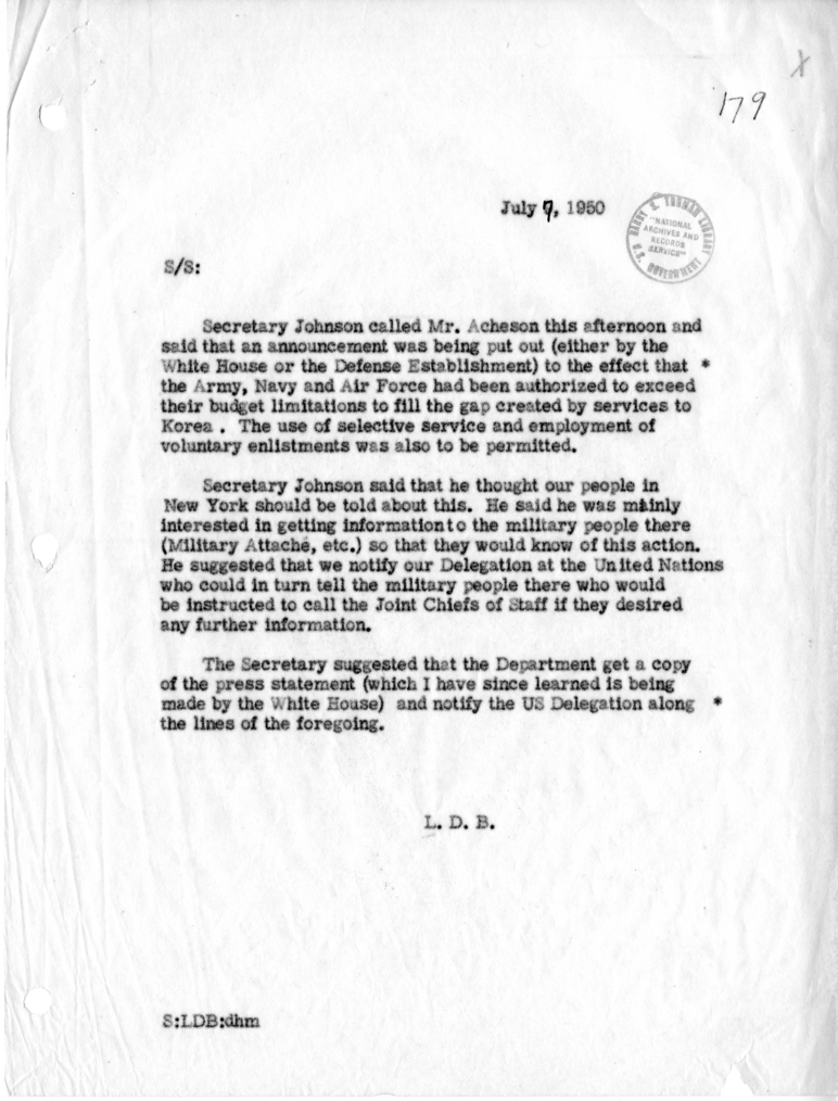 Memorandum of Telephone Conversation with Secretary of Defense Louis Johnson