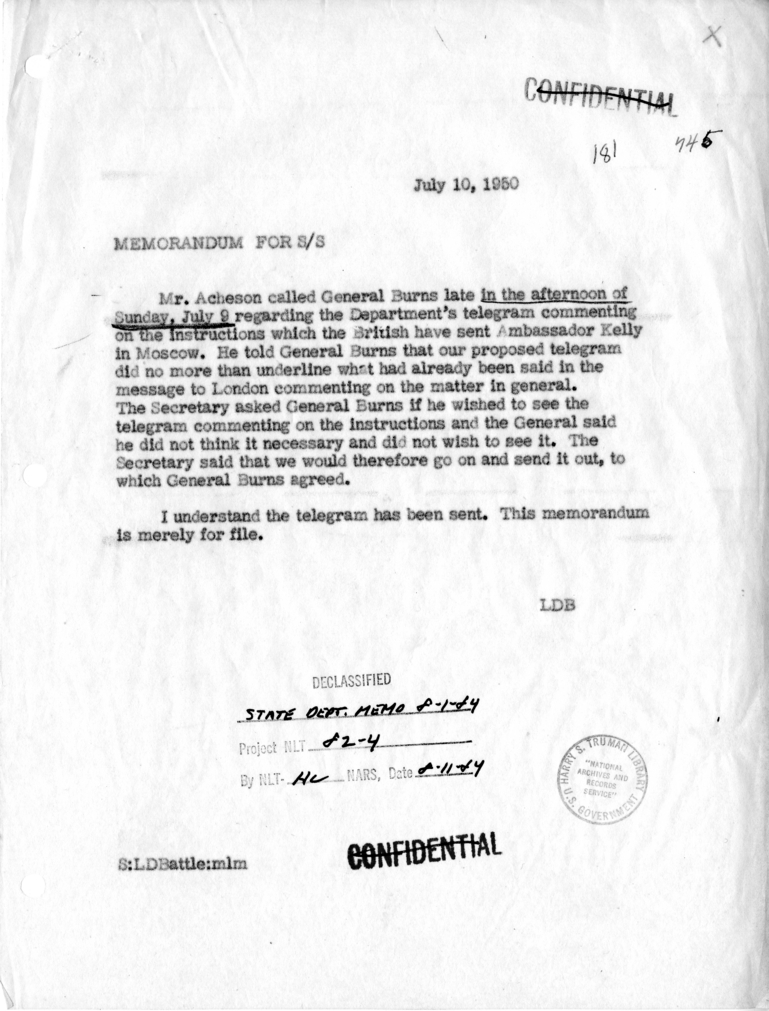 Memorandum of Telephone Conversation with Major General James H. Burns