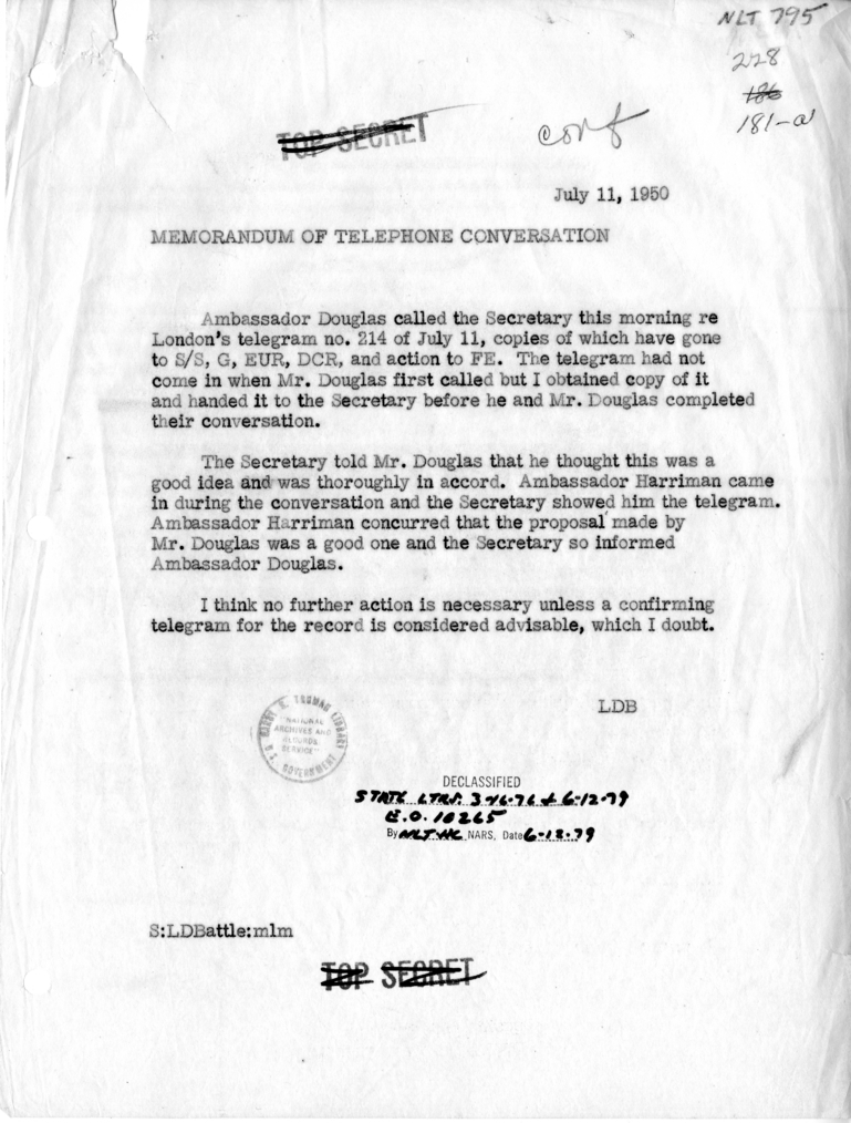 Memorandum of Telephone Conversation with Ambassador Lewis Douglas