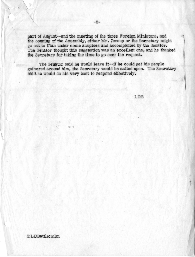 Memorandum of Telephone Conversation with Senator Elbert Thomas