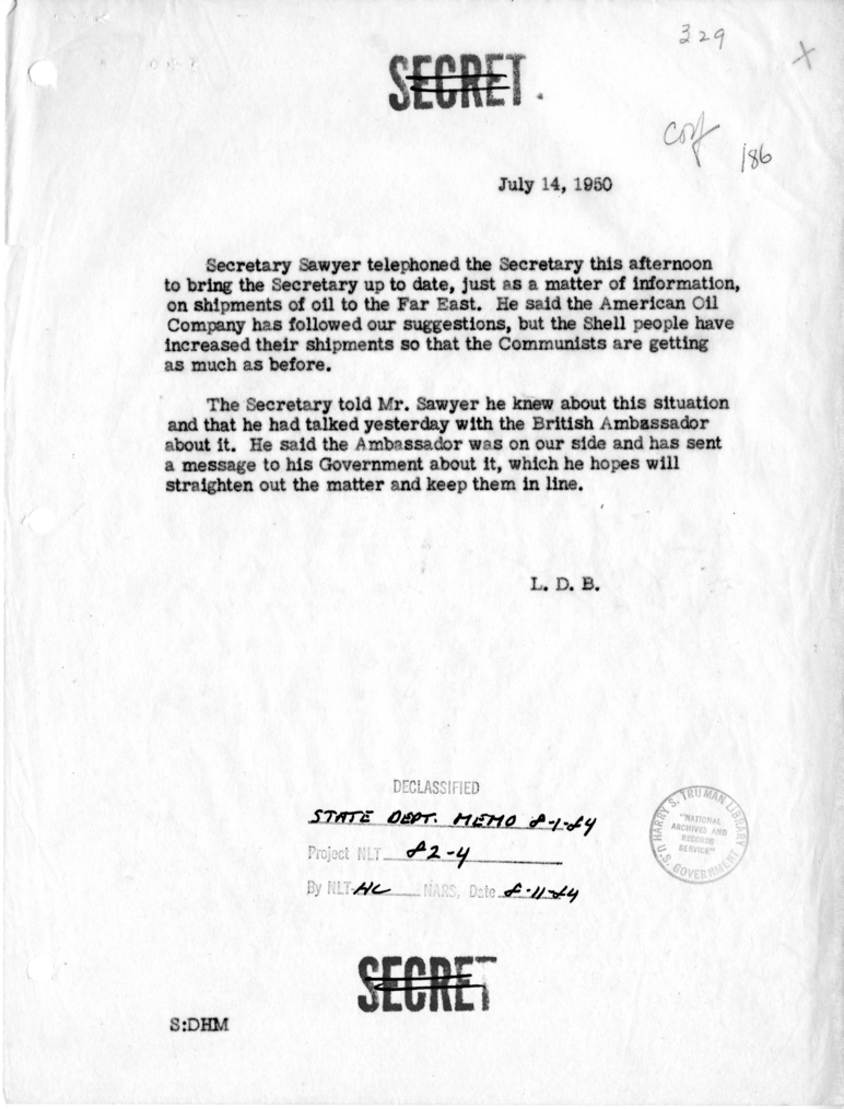 Memorandum of Telephone Conversation with Secretary of Commerce Charles Sawyer