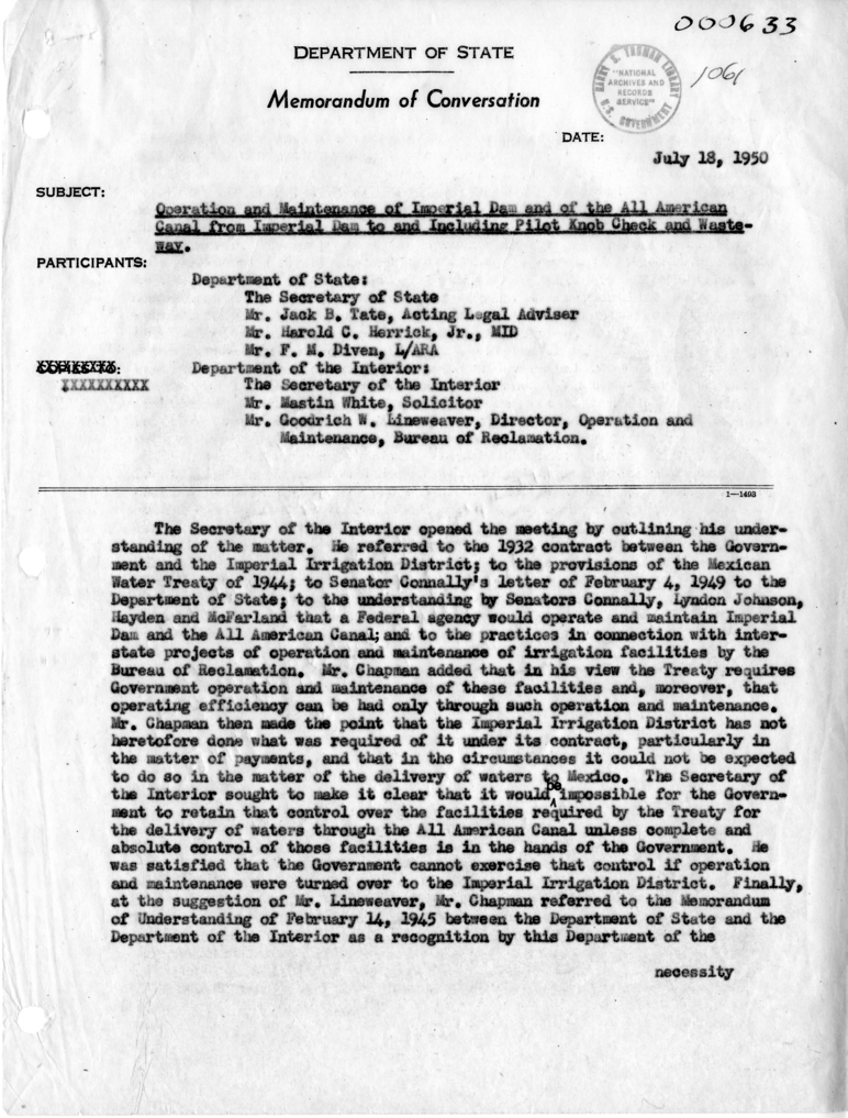 Memorandum of Conversation with Secretary of Interior Oscar Chapman, Mastin White, Goodrich W. Mineweaver, Jack B. Tate, Harold C. Herrick, and Mr. F. M. Diven