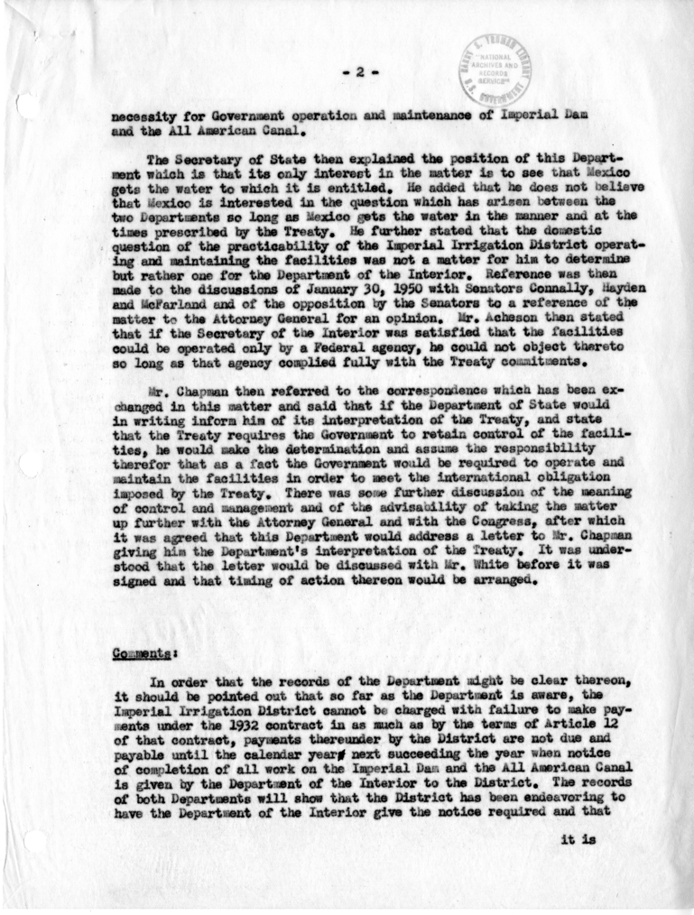 Memorandum of Conversation with Secretary of Interior Oscar Chapman, Mastin White, Goodrich W. Mineweaver, Jack B. Tate, Harold C. Herrick, and Mr. F. M. Diven