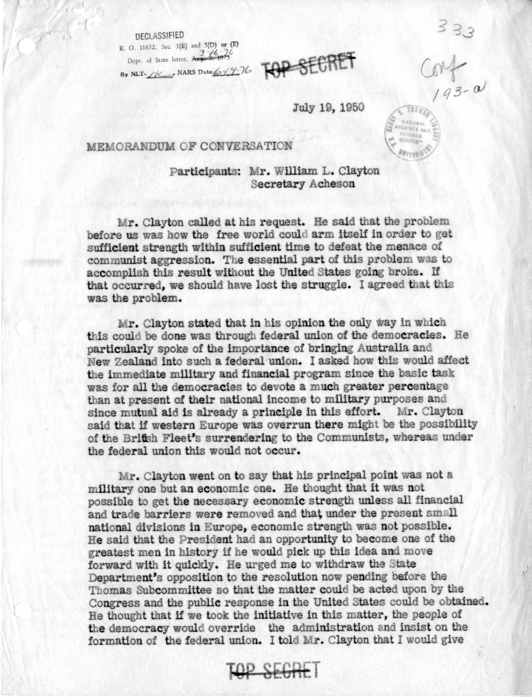 Memorandum of Conversation with William L. Clayton