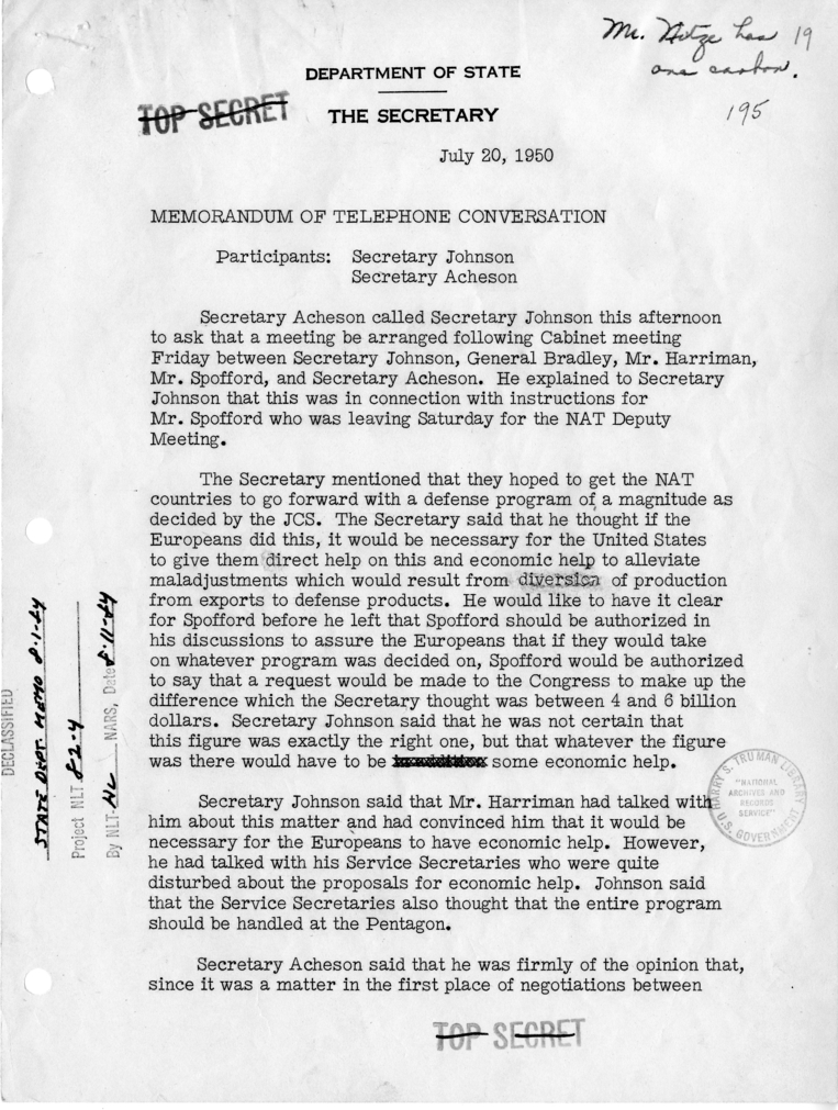 Memorandum of Telephone Conversation with Secretary of Defense Louis Johnson