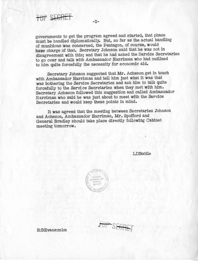 Memorandum of Telephone Conversation with Secretary of Defense Louis Johnson
