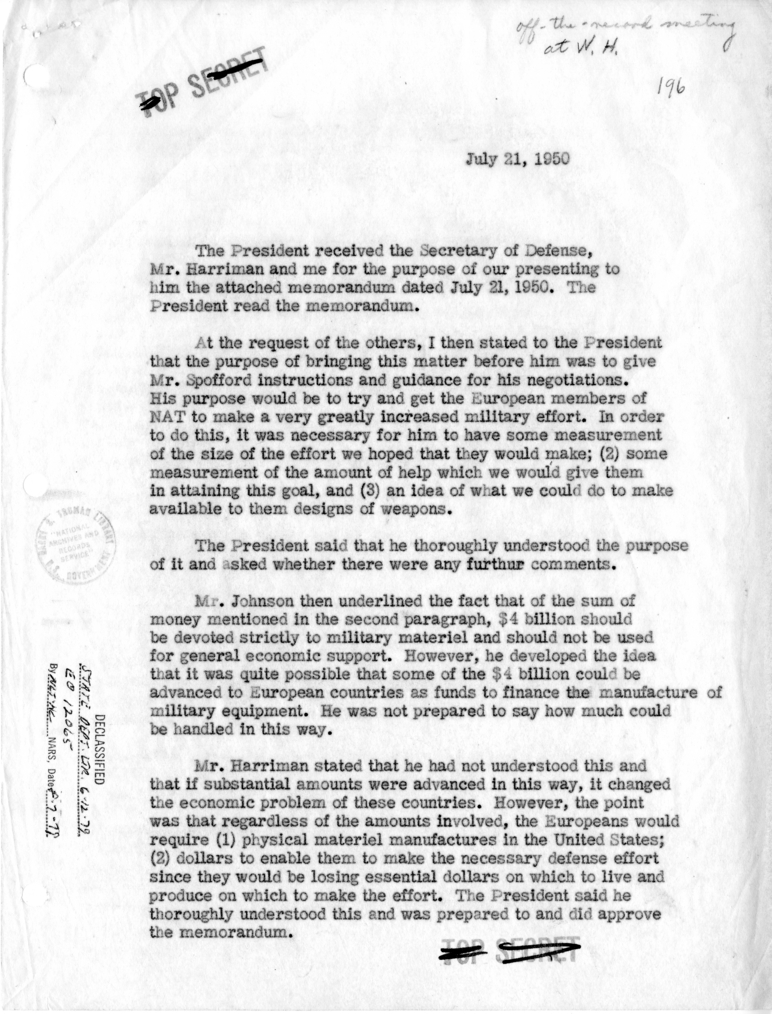 Memorandum of Conversation with President Harry S. Truman, Secretary of Defense Louis Johnson and Averell Harriman