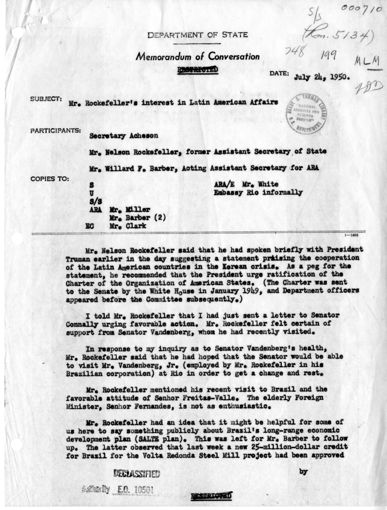 Memorandum of Conversation with Nelson Rockefeller and Willard F. Barber