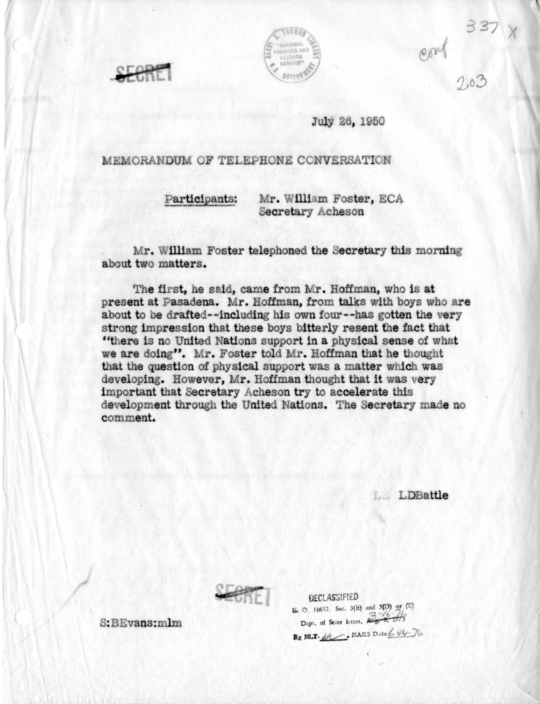 Memorandum of Telephone Conversation with William C. Foster