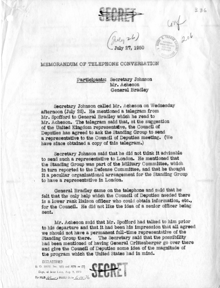 Memorandum of Telephone Conversation with Secretary of Defense Louis Johnson and General Omar Bradley