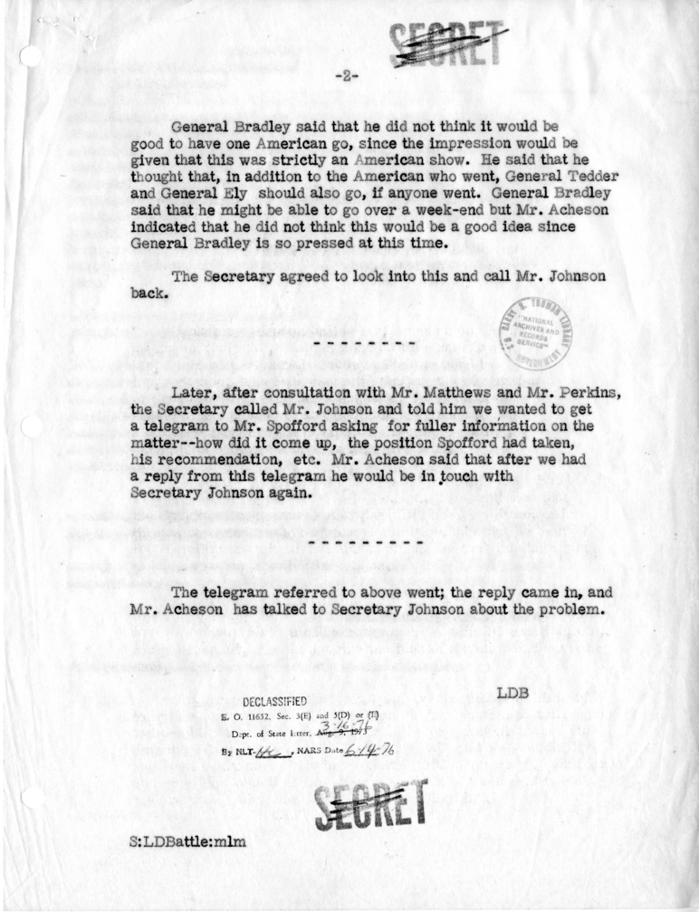 Memorandum of Telephone Conversation with Secretary of Defense Louis Johnson and General Omar Bradley