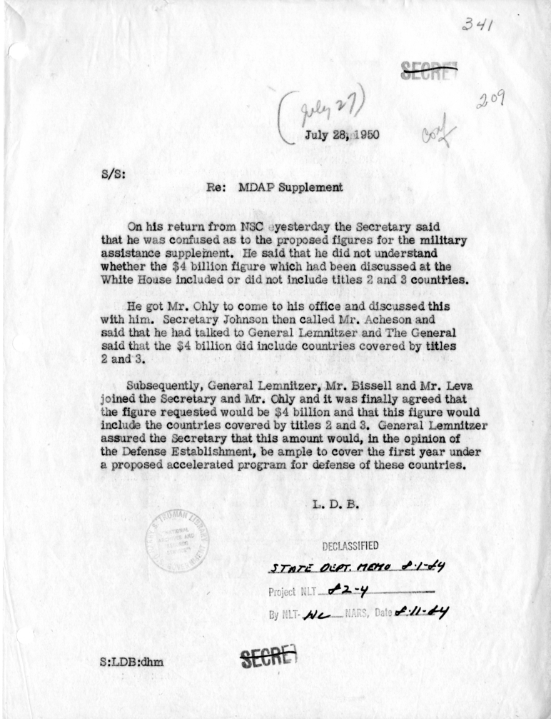 Memorandum of Conversation with John Ohly, Major General Lyman Lemnitzer, Marx Leva, and Richard M. Bissell